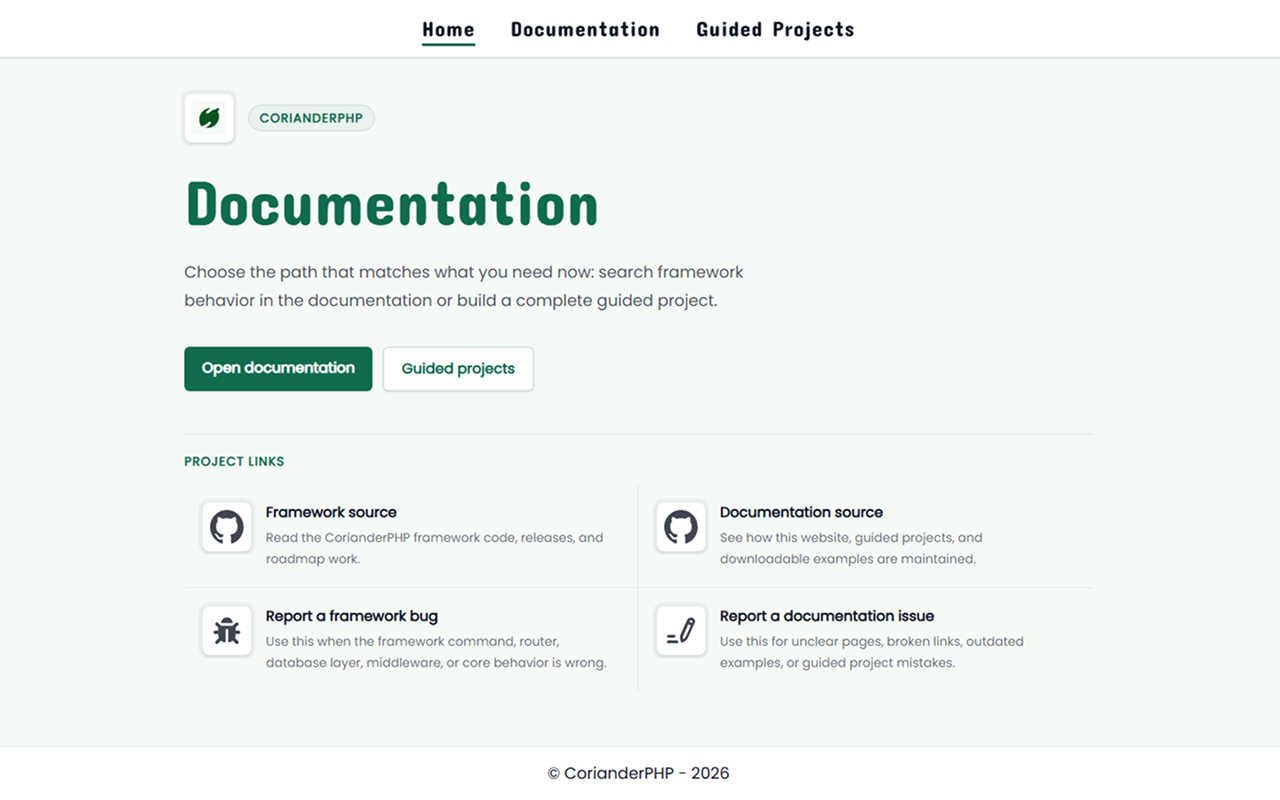 Capture du site de documentation CorianderPHP.