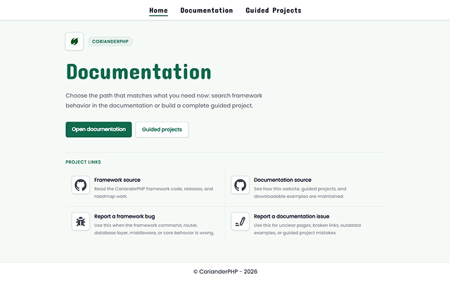 Aperçu du site de documentation CorianderPHP.